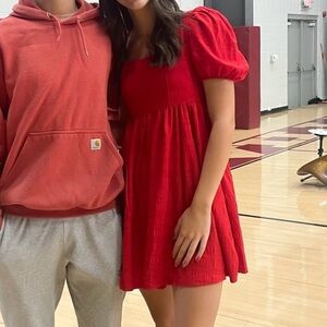 red puff sleeve dress